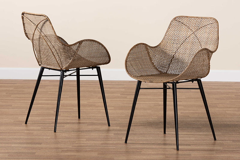 Langley Greywashed Rattan and Black Metal 2Pc Dining Chair Set Baxton