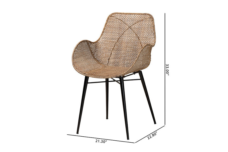 Langley Greywashed Rattan and Black Metal 2Pc Dining Chair Set Baxton