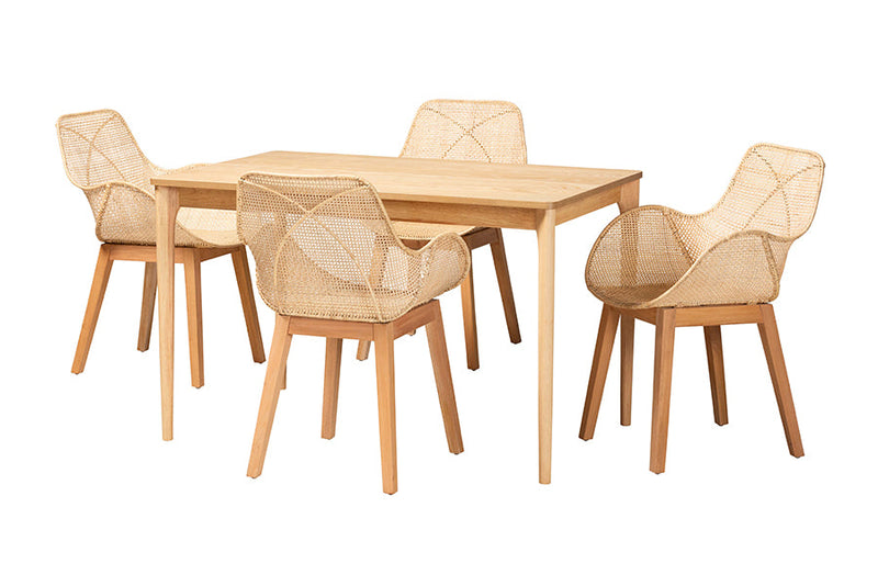 Langley Japandi Natural Brown Mahogany Wood and Rattan 5-Piece Dining Set Baxton