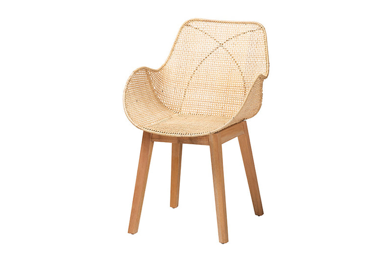 Langley Japandi Natural Brown Mahogany Wood and Rattan 5-Piece Dining Set Baxton