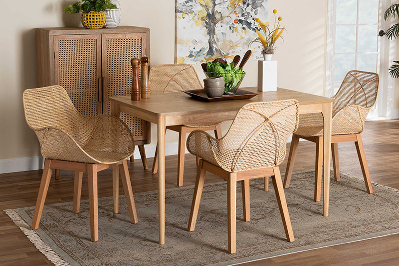 Langley Japandi Natural Brown Mahogany Wood and Rattan 5-Piece Dining Set Baxton