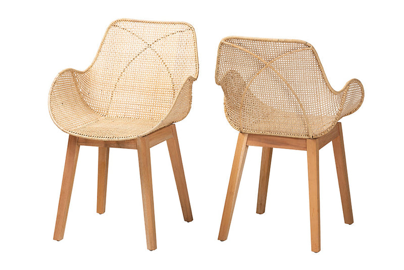 Langley Japandi Natural Brown Finished Mahogany Wood and Rattan 2Pc Chair Set Baxton