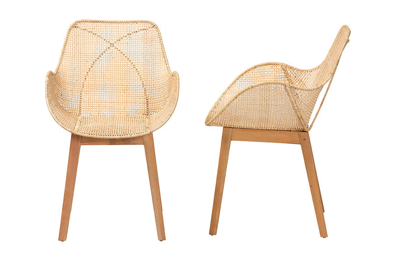 Langley Japandi Natural Brown Finished Mahogany Wood and Rattan 2Pc Chair Set Baxton