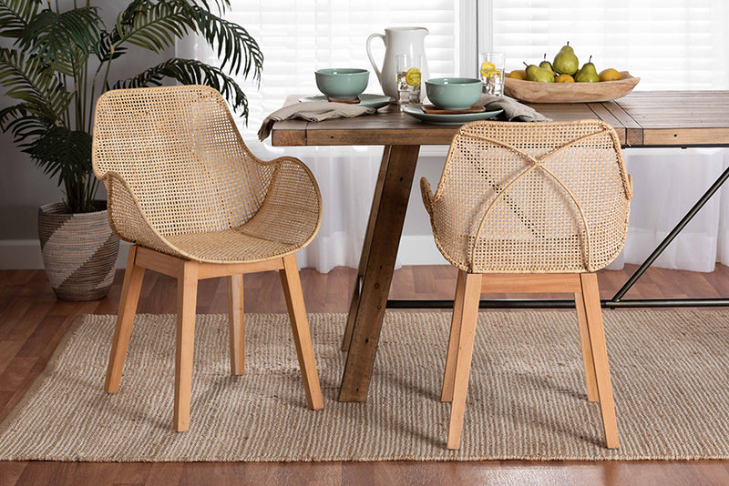 Langley Japandi Natural Brown Finished Mahogany Wood and Rattan 2-Piece Dining Chair Set