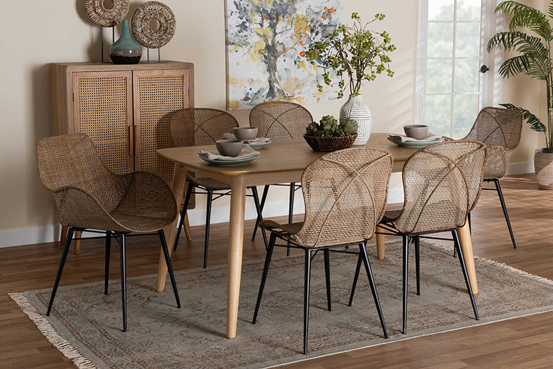 Maryland Modern Bohemian Greywashed Rattan and Natural Brown Finished Wood 7-Piece Dining Set