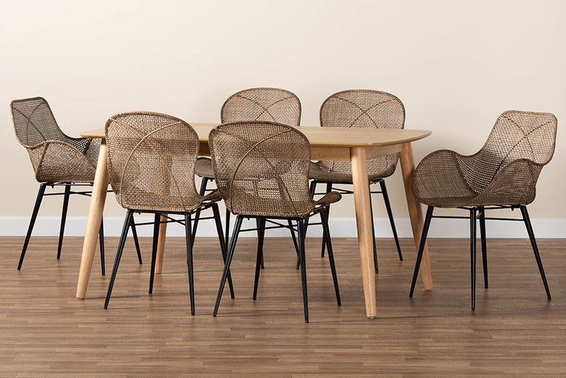 Maryland Greywashed Rattan and Natural Brown 7-Piece Dining Set Baxton