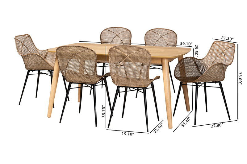 Maryland Modern Bohemian Greywashed Rattan and Natural Brown Finished Wood 7-Piece Dining Set