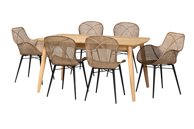 Maryland Modern Bohemian Greywashed Rattan and Natural Brown Finished Wood 7-Piece Dining Set