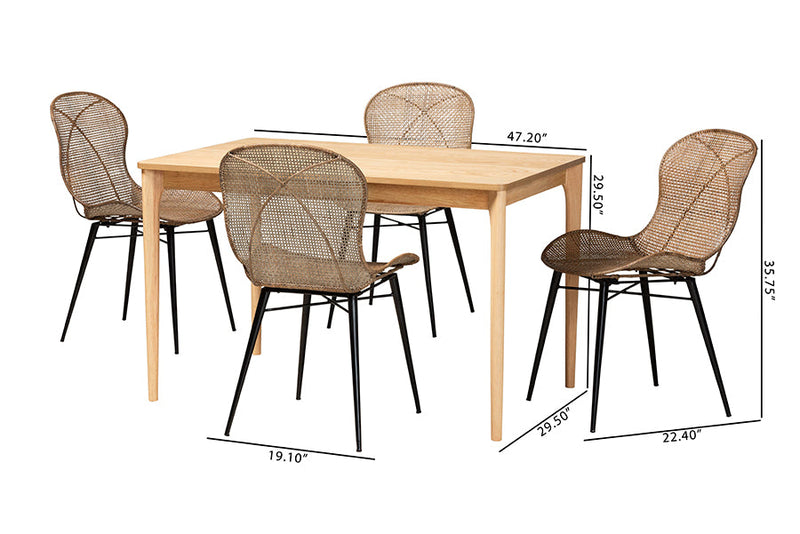 Frank Japandi Natural Brown and Greywashed Rattan 5-Piece Dining Set Baxton
