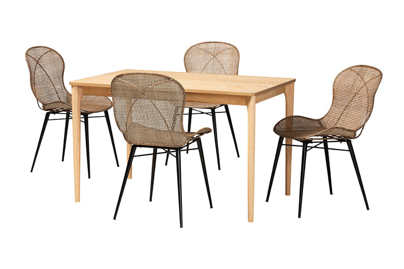 Frank Japandi Natural Brown and Greywashed Rattan 5-Piece Dining Set Baxton