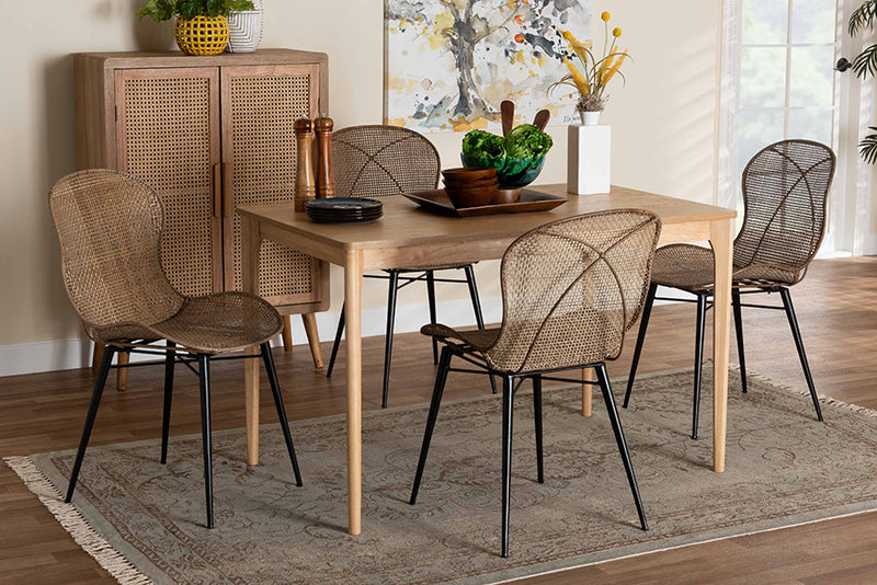 Frank Japandi Natural Brown Finished Wood and Greywashed Rattan 5-Piece Dining Set