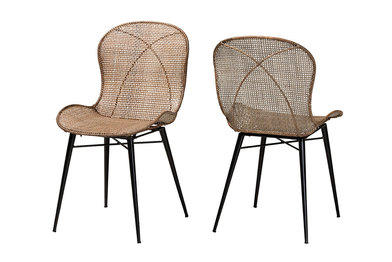 Frank Japandi Greywashed Rattan and Black Metal 2-Piece Dining Chair Set