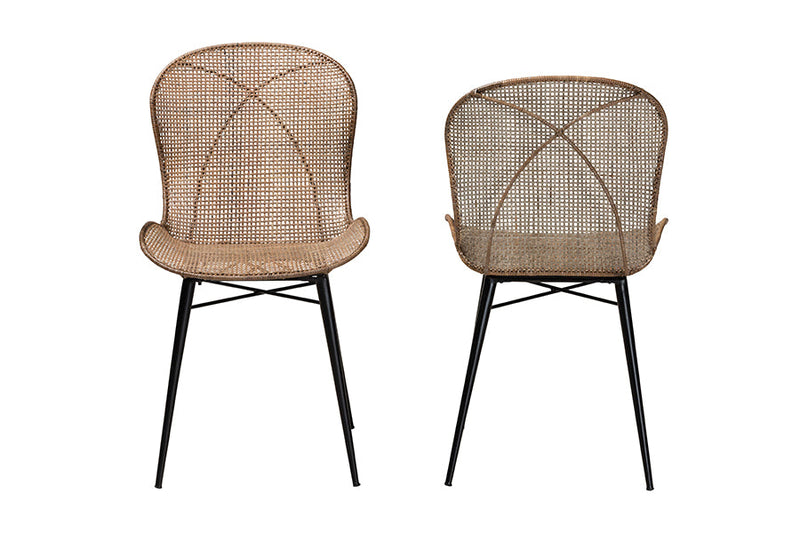 Frank Japandi Greywashed Rattan and Black Metal 2Pc Dining Chair Set Baxton