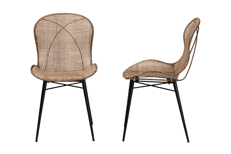 Frank Japandi Greywashed Rattan and Black Metal 2Pc Dining Chair Set Baxton