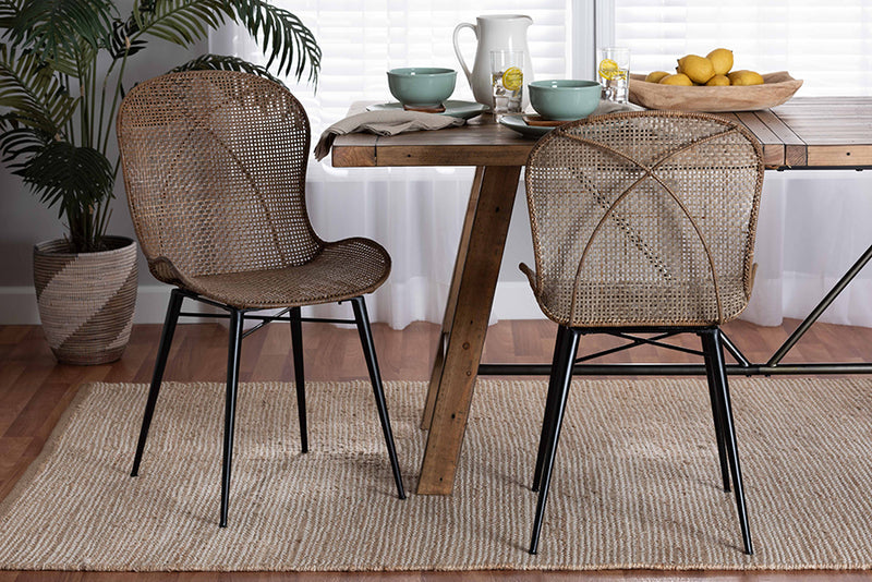 Frank Japandi Greywashed Rattan and Black Metal 2-Piece Dining Chair Set