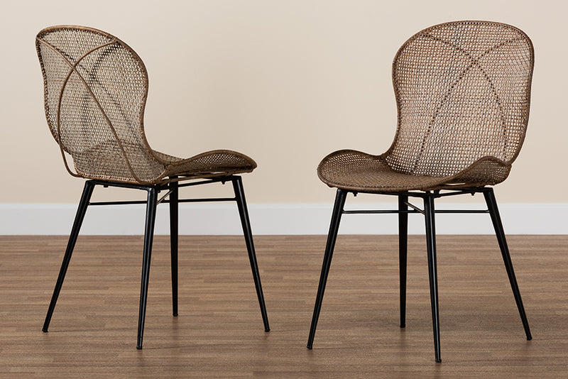 Frank Japandi Greywashed Rattan and Black Metal 2-Piece Dining Chair Set