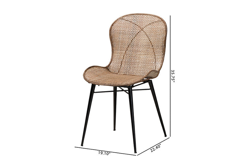 Frank Japandi Greywashed Rattan and Black Metal 2Pc Dining Chair Set Baxton