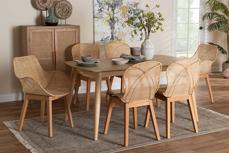 Maryland Modern Bohemian Natural Brown Finished Wood and Rattan 7-Piece Dining Set