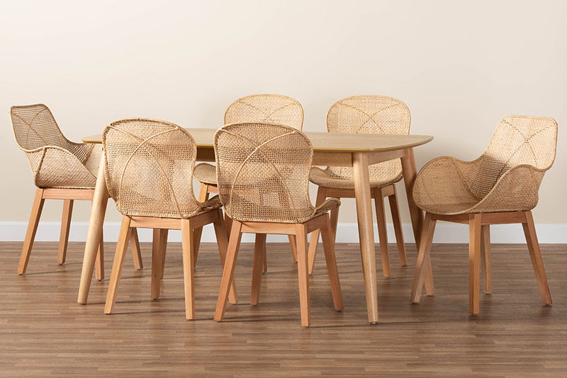Maryland Natural Brown and Rattan 7-Piece Dining Set Baxton