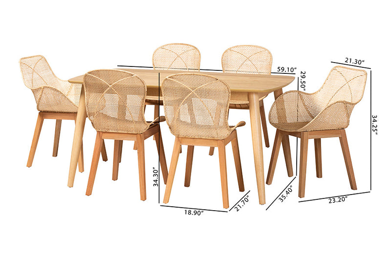 Maryland Natural Brown and Rattan 7-Piece Dining Set Baxton