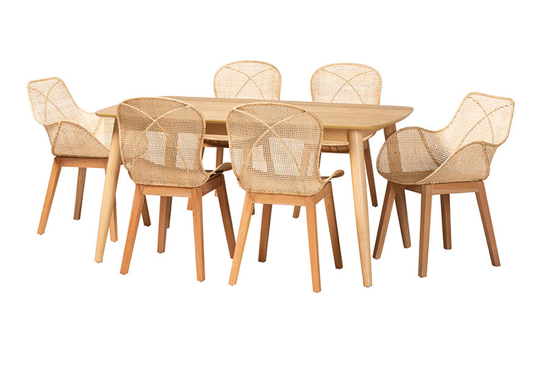 Maryland Natural Brown and Rattan 7-Piece Dining Set Baxton