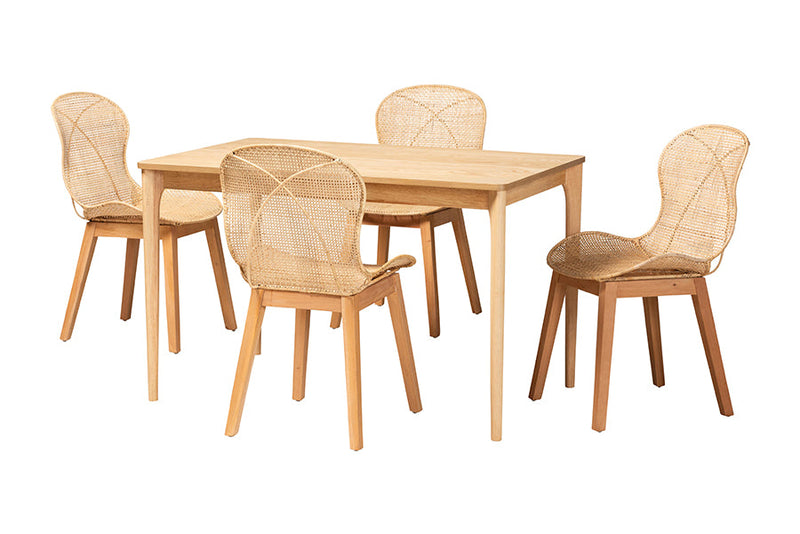 Frank Japandi Natural Brown Mahogany Wood and Rattan 5-Piece Dining Set Baxton