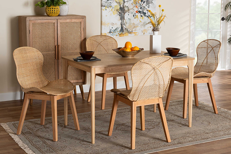 Frank Japandi Natural Brown Mahogany Wood and Rattan 5-Piece Dining Set