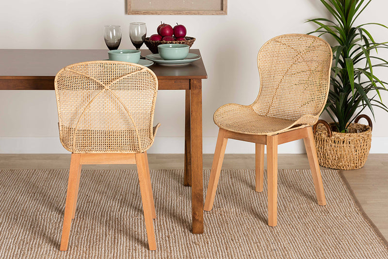 Frank Japandi Natural Brown Mahogany and Rattan 2-Piece Dining Chair Set