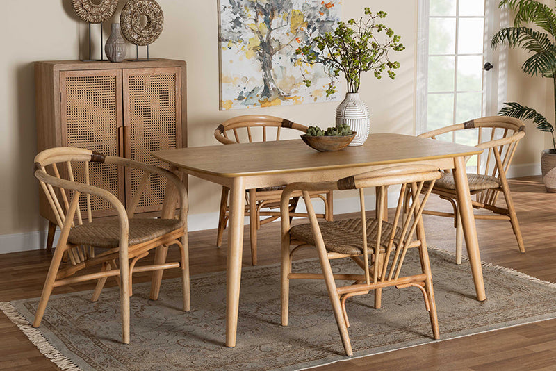Leane Natural Brown and Rattan 5-Piece Dining Set Baxton