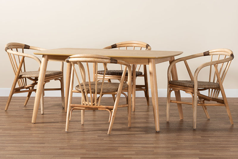 Leane Natural Brown and Rattan 5-Piece Dining Set Baxton