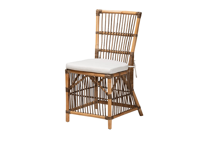 Galia Modern Bohemian White Fabric and Natural Brown Rattan Dining Chair