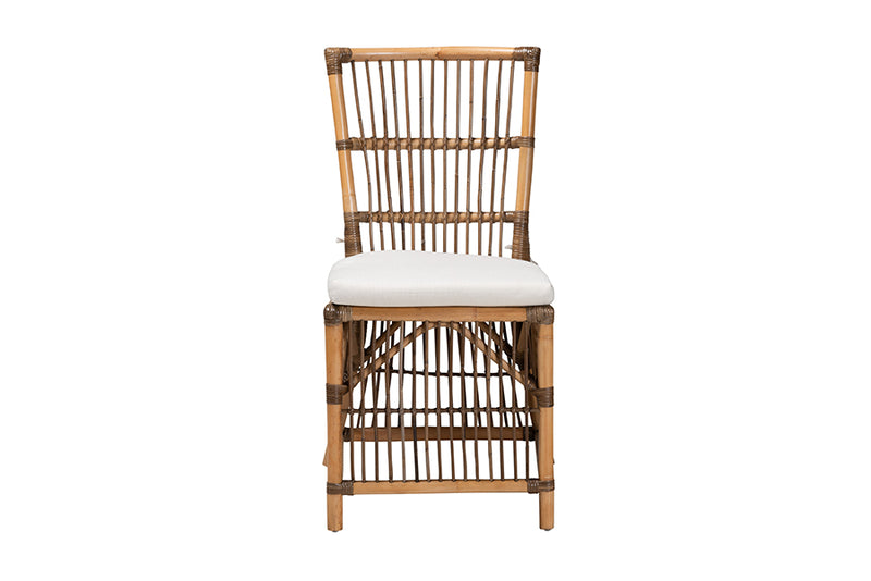 Galia Modern Bohemian White Fabric and Natural Brown Rattan Dining Chair