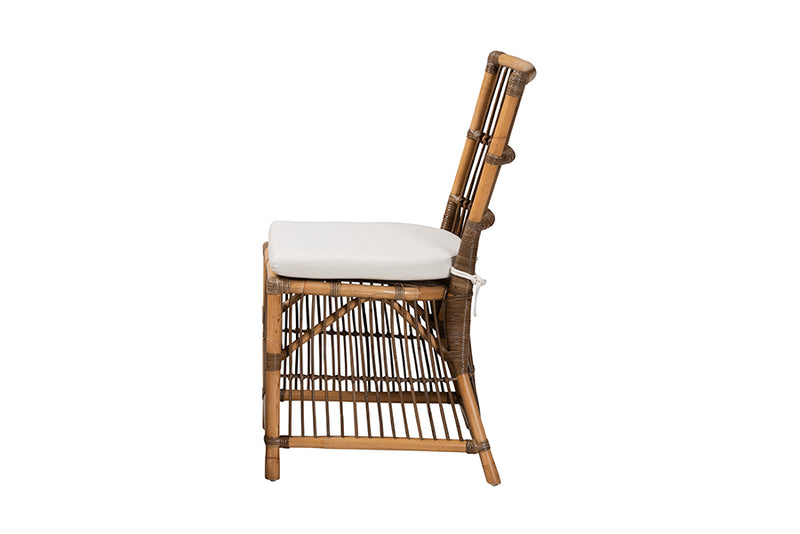 Galia Modern Bohemian White Fabric and Natural Brown Rattan Dining Chair