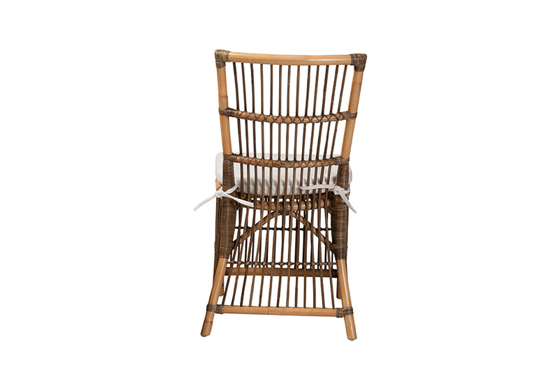 Galia Modern Bohemian White Fabric and Natural Brown Rattan Dining Chair