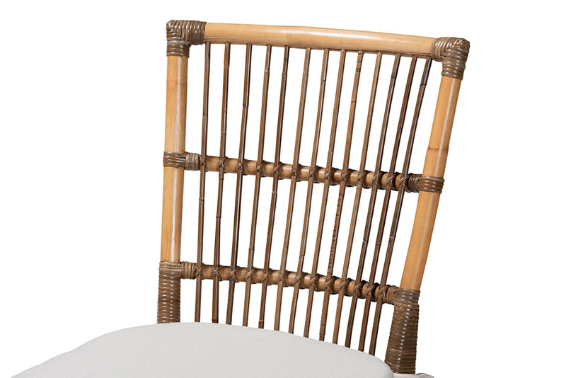 Galia Modern Bohemian White Fabric and Natural Brown Rattan Dining Chair