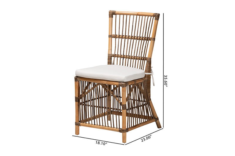 Galia Modern Bohemian White Fabric and Natural Brown Rattan Dining Chair