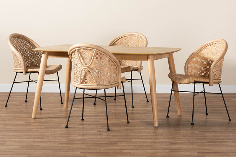 Sarita Natural Brown Rattan and Black Metal 5-Piece Dining Set Baxton