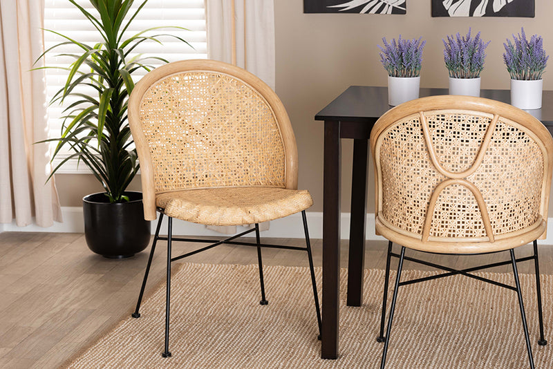 Sarita Modern Bohemian Natural Brown Rattan and Black Metal Dining Chair