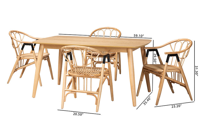 Leland Natural Brown and Rattan 5-Piece Dining Set Baxton