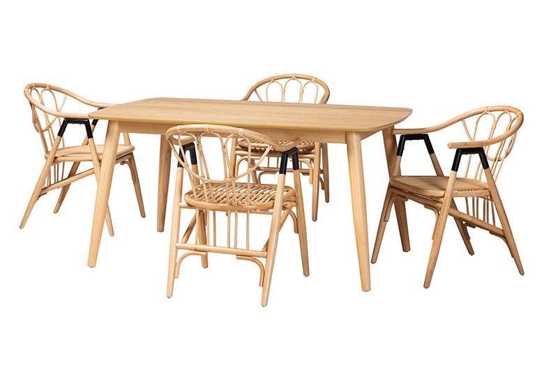 Leland Natural Brown and Rattan 5-Piece Dining Set Baxton
