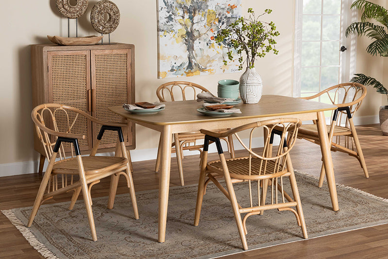 Leland Modern Bohemian Natural Brown Finished Wood and Rattan 5-Piece Dining Set