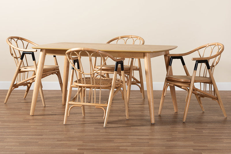Leland Natural Brown and Rattan 5-Piece Dining Set Baxton