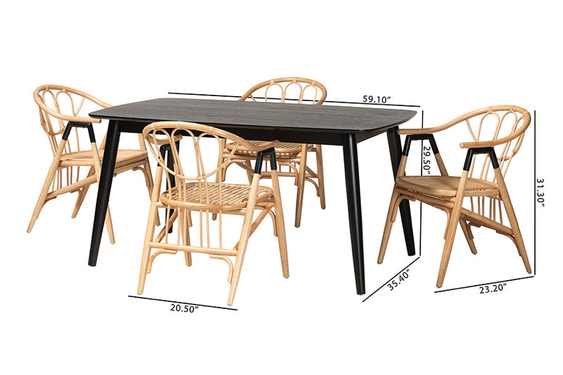 Leland Black and Natural Rattan 5-Piece Dining Set Baxton