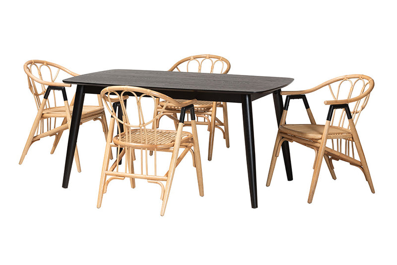 Leland Black and Natural Rattan 5-Piece Dining Set Baxton
