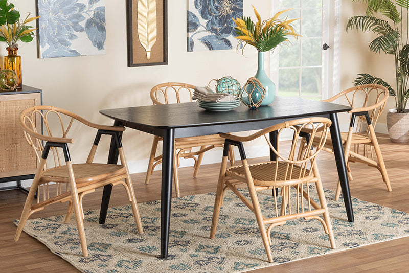Leland Black and Natural Rattan 5-Piece Dining Set Baxton