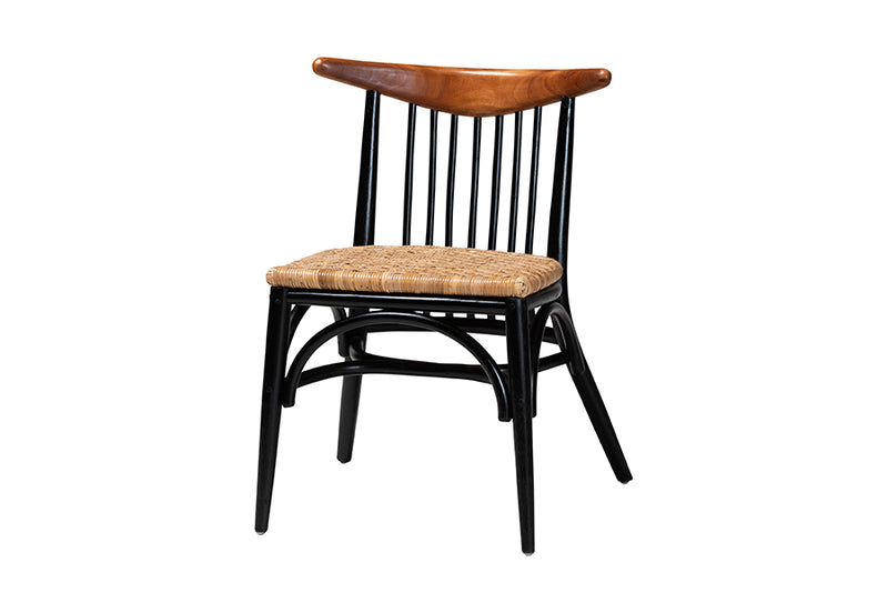 Felice Mid-Century Modern Two-Tone Black and Walnut Brown Finished Mahogany Wood and Natural Rattan Dining Chair