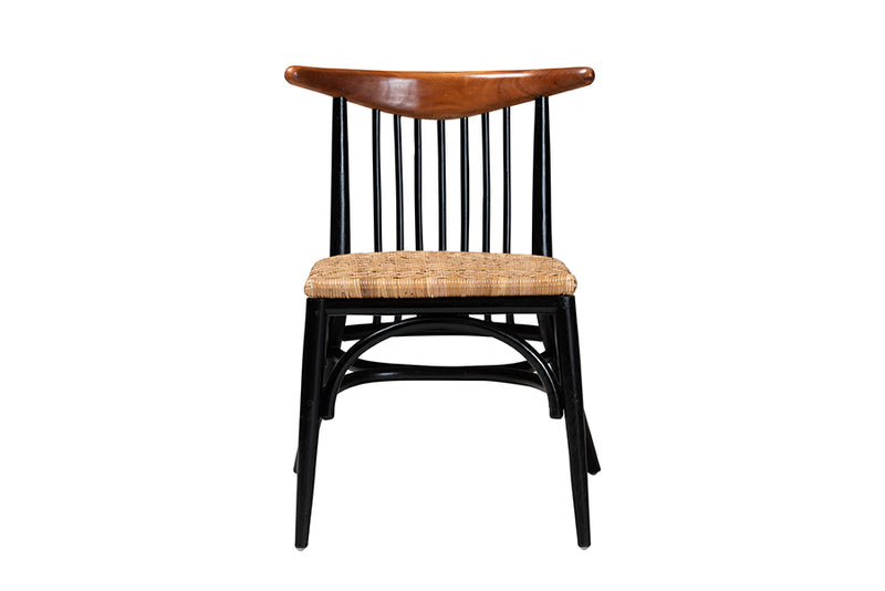 Felice Mid-Century Modern Two-Tone Black and Walnut Brown Finished Mahogany Wood and Natural Rattan Dining Chair