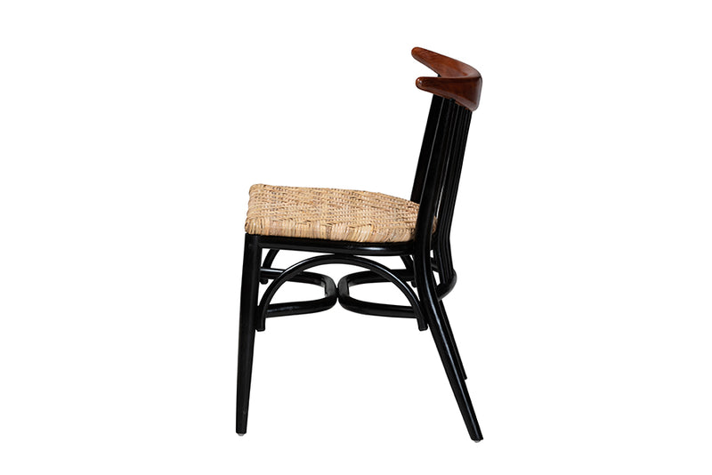 Felice Mid-Century Modern Two-Tone Black and Walnut Brown Finished Mahogany Wood and Natural Rattan Dining Chair