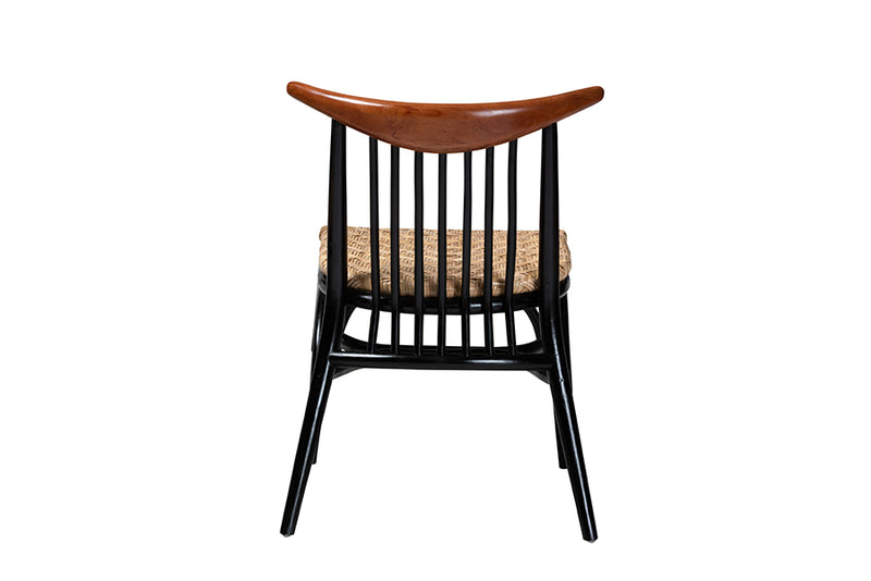 Felice Mid-Century Modern Two-Tone Black and Walnut Brown Finished Mahogany Wood and Natural Rattan Dining Chair