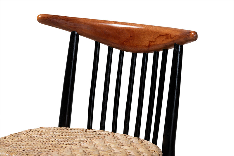 Felice Mid-Century Modern Two-Tone Black and Walnut Brown Finished Mahogany Wood and Natural Rattan Dining Chair